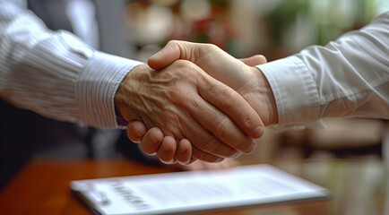 Canvas Print - Close-up of a handshake with a signed contract in the foreground, blurred office environment, professional and conclusive. Generative AI.