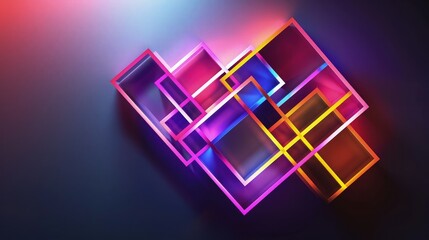 Wall Mural - A geometric abstract with interlocking neon squares and rectangles in bright colors on a shadowy background, creating a 3D illusion.
