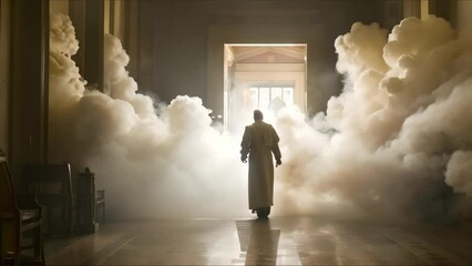 Sticker - Priest exits Vatican room enveloped in incense smoke leaving private space. Concept Religious rituals, Vatican, Spiritual ceremony, Clergy, Incense smoke