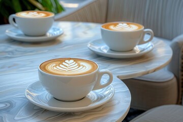 Sticker - Latte art in white cups on a marble table, creating a sophisticated and elegant coffee experience in a cozy cafe