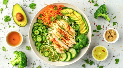 Wall Mural - Fresh healthy salad with grilled chicken, avocado, cucumber, tomatoes, and greens on a light background. This colorful bowl is perfect for a nutritious meal. Ideal for health and wellness content. AI