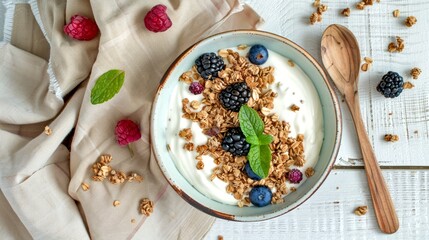 Wall Mural - Delicious yogurt bowl with granola and berries. A healthy breakfast option full of fresh blueberries and blackberries. Styled on a rustic white background. Perfect for nutritious food concepts. AI