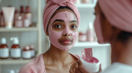 Poster - A model applying pink clay mask looking at the mirror, keeping the skin care products like sachets, jars In Front of her. Generative AI.