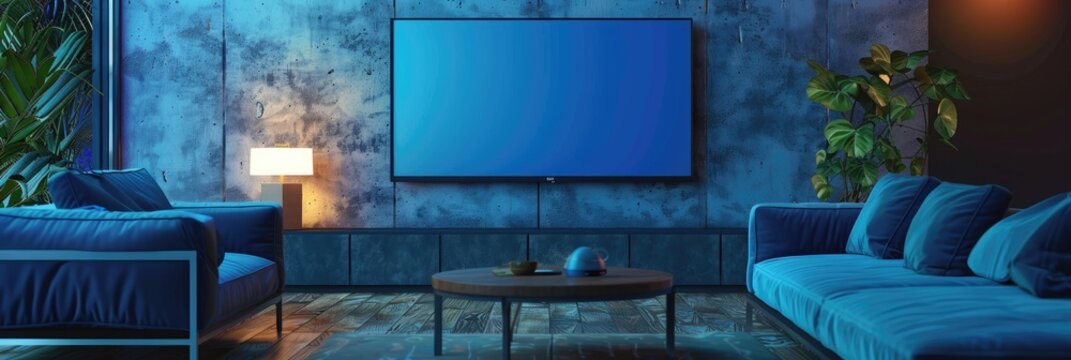 Objects mixed with digital 3D illustration and matte painting depicting a Smart TV with empty mockup blue screen on cabinet in a modern living room.