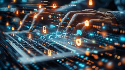 Fototapete - Internet technology, businessman using a laptop computer with biometric identification on an internet technology network and data management, as well as cybersecurity. Generative AI.