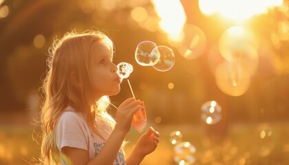 Wall Mural - Bubbling with Joy: A School-Age Girl's Summer Sunset Adventure