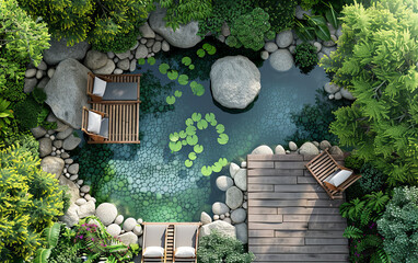 Wall Mural - Serene Garden with a Wooden Path and Pond