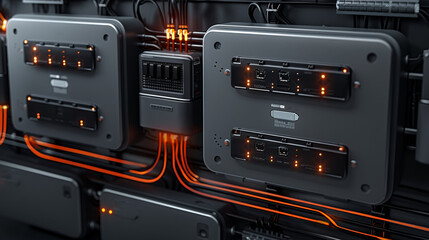 Aufkleber - The multiple battery boxes connected to an inverter charger and power with wires leading from them. The setting is dark grey on black background. Generative AI.