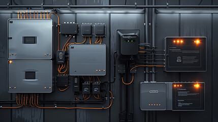 Aufkleber - The multiple battery boxes connected to an inverter charger and power with wires leading from them. The setting is dark grey on black background. Generative AI.