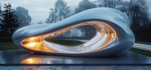 Poster - Futuristic modern decoration, LED-lit sculptures, smooth curves, transparent materials, high-tech design. Generative AI.
