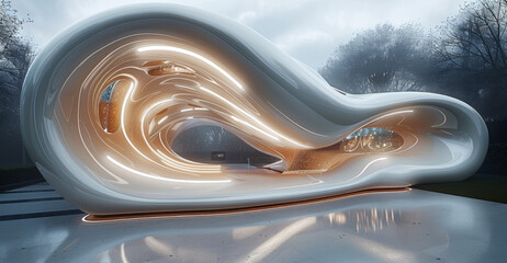 Poster - Futuristic modern decoration, LED-lit sculptures, smooth curves, transparent materials, high-tech design. Generative AI.