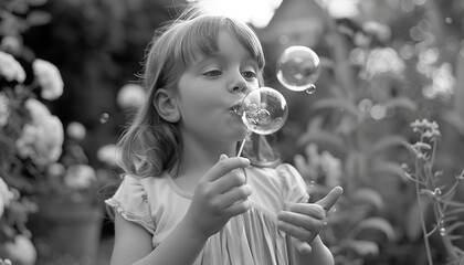 Wall Mural - Innocence Captured: A Magical Moment of a Six-Year-Old Girl Blowing Bubbles in the Garden - Ar 7:4