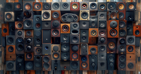 Fototapete - A wall of speakers and woofer, different sizes. Generative AI.