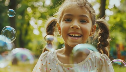 Bubbly Bliss: A playful summer day in the green playground with an adorable happy girl