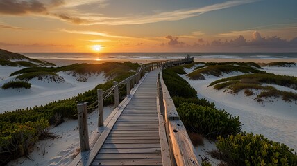 Wall Mural - Long boardwalk leading to the white sand beach and ocean water at sunset with few shrubs on sides.