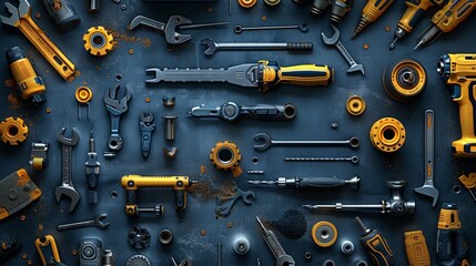 Wall Mural - A dark blue table with various tools, an yellow and black power tool set, a dark blue table background, an overhead shot. Generative AI.