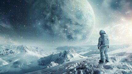 In a cold snowy planet, an astronaut looks into the cold future as he looks out over Antarctica's winter landscape.