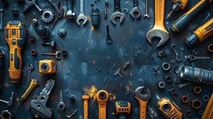 Wall Mural - A dark blue table with various tools, an yellow and black power tool set, a dark blue table background, an overhead shot. Generative AI.