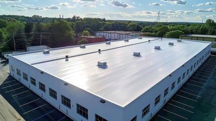 Aufkleber - Seamless white PVC commercial flat roof of factory, summer day. Aerial high view. Generative AI.