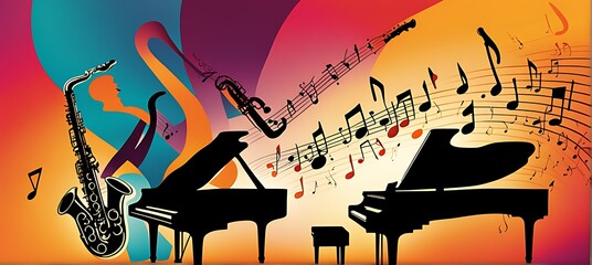 Wall Mural - Jazz music poster with band instruments, saxophone, piano, and abstract art