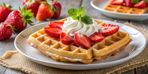 Delicious waffle dessert with strawberries and cream on a plate , waffle, dessert, strawberries, cream, sweet, indulgent, tasty, breakfast, food photography, edible, delicious, homemade