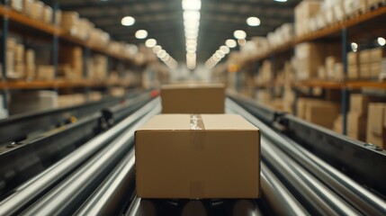 Wall Mural - Multiple cardboard boxes seamlessly moving along a conveyor belt in a warehouse fulfillment center, an illustration of e-commerce