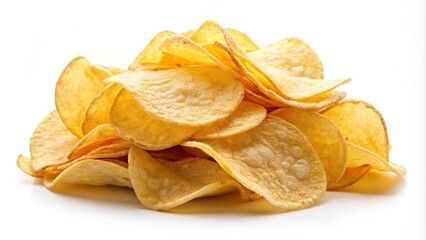 Wall Mural - Potato chips isolated on white background with copy space, potato chips, snack, crispy, crunchy, delicious, salty, unhealthy, treat, snack food, junk food, fried, tasty, yellow, texture