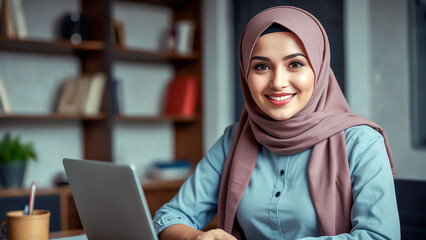 Muslim woman wearing hijab, happy smiling face sitting working with laptop in modern office