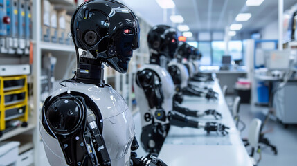 Poster - A robot is standing in front of a display of other robots. The robots are all white and have a robotic appearance. The display seems to be in a laboratory or a museum