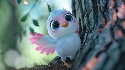 Sticker - A cute baby cartoon bird with sky blue eyes and pink wings standing at the tree.