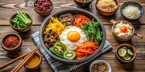 Korean bibimbap bowl surrounded by various side dishes on a wooden table , Korean, Bibimbap, Bowl, Tabletop, Side dishes, Traditional, Cuisine, Food, Vegetables, Healthy, Delicious, Asian, Meal