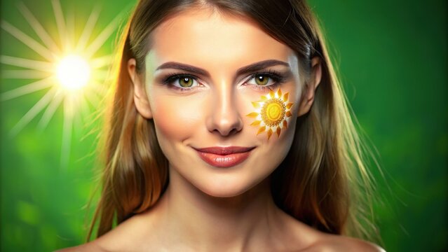 Beautiful woman with sun symbol on cheek on green background, summer, sunshine, skincare, protection, beauty, female, cosmetic, natural, glow, radiance, outdoors, sunny, face, symbol