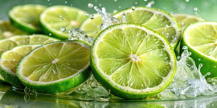 Slices of freshly cut lime with splashes of tangy lime juice , citrus, green, fruit, vibrant, refreshing, healthy, summer, tropical, cocktail, garnish, tasty, sour, natural, organic