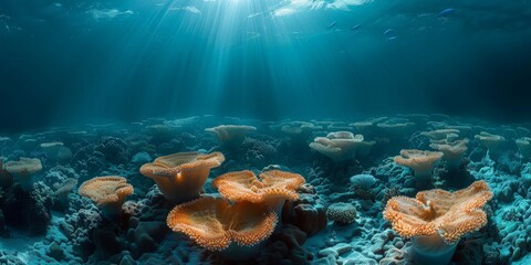 The sunlight penetrates the water of a vibrant coral reef