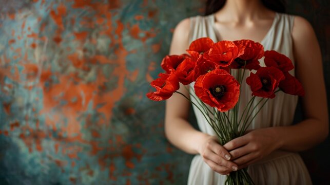 Hands of a beautiful woman holding a bouquet of red poppy flowers in a background as a symbol of remembrance and hope for a peaceful future