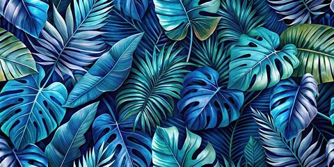 Wall Mural - Tropical leaves in varying shades of blue, perfect for adding a pop of color to any space, tropical, leaves, foliage, plants, blue, vibrant, exotic, botanical, nature, decor, vibrant