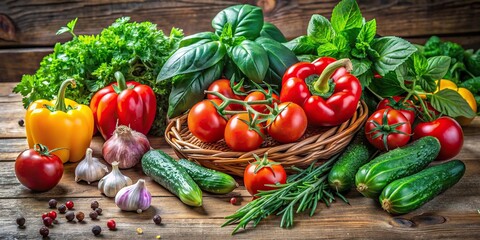 Wall Mural - Fresh vegetables and herbs on a wooden table, including tomatoes, peppers, cucumbers, basil, and parsley , fresh, vegetables, herbs, wooden table, tomatoes, peppers, cucumbers, basil