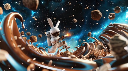 Wall Mural - A dynamic scene of a coffee galaxy with swirling 3D waves and a cartoon astronaut rabbit conducting a spacewalk among coffee asteroids, set against a backdrop of sharp blues and blacks.