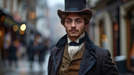 On a street in a city in Britain, a young British gentleman stands in the 19th century