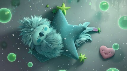 Wall Mural - A fluffy cyan cartoon parrot sleeps lying on an indigo star floating in the night sky on a grey background with green bubbles and a pink heart shape.