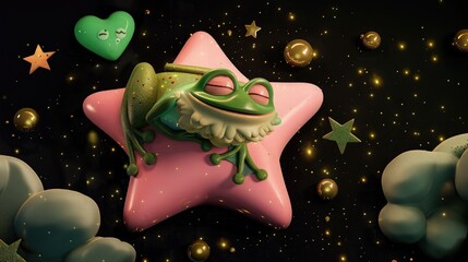 a fluffy green cartoon frog sleeps comfortably on a pink star floating in the night sky on a black b