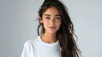 A latina wearing a plain white oversized loose t-shirt isolated on a white background