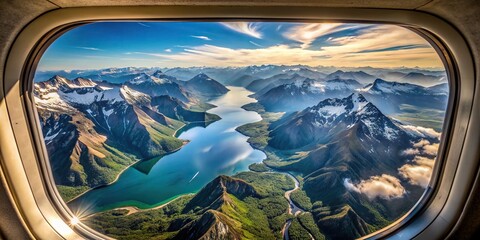 Wall Mural - Scenic aerial view of mountains and lakes from airplane window, scenic, aerial, view, mountains, lakes, airplane, window, landscape, nature, travel, picturesque, clouds, sky, horizon