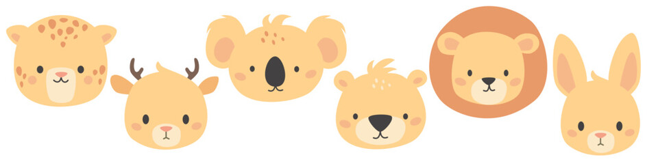 Wall Mural - Set of vector cute animal faces. Leopard, lion, bear and deer koala hare. Illustrations in children's style on white background . Vector illustration