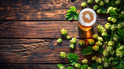 A pint glass and hops on a wooden backdrop with room for text.