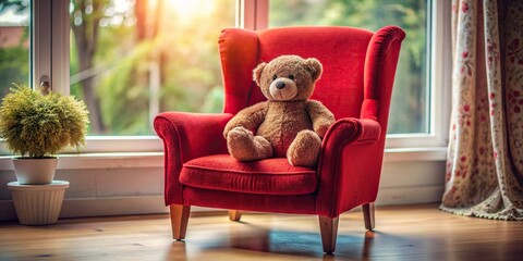 Teddy bear sitting on a red chair in a cozy room , teddy bear, chair, stuffed animal, plush, cozy, room, home decor, interior, adorable, cute, childhood, toy, sitting, cozy corner