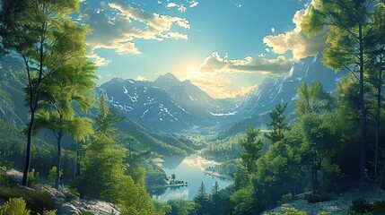 Wall Mural - Mountain view landscape with trees, forest. Generative AI.