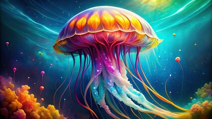 Abstract elegant jellyfish in vibrant colors floating gracefully in the ocean, fantastic, colorful, jellyfish, elegant, artwork, abstract, vibrant, underwater, ocean, marine life, aquatic