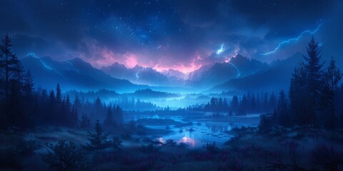 Wall Mural - Serene lake in forest, mountains in the background, starry night sky