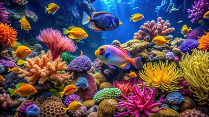 Canvas Print - Vibrant sea fish swimming among colorful corals and algae in an aquarium, aquarium, sea fish, colorful, vibrant, corals, algae, underwater, marine life, rare species, tropical fish